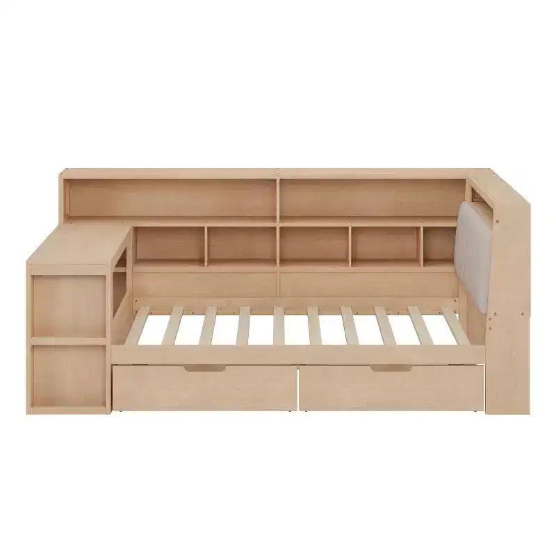 Lit de jour d'angle en forme de L, double/grand format, avec étagère de rangement, tiroirs, éclairage LED, bureau et tête de lit rembourrée - ModernLuxe