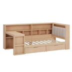 Lit de jour d'angle en forme de L, double/grand format, avec étagère de rangement, tiroirs, éclairage LED, bureau et tête de lit rembourrée - ModernLuxe