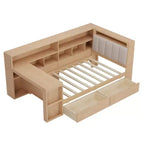 Lit de jour d'angle en forme de L, double/grand format, avec étagère de rangement, tiroirs, éclairage LED, bureau et tête de lit rembourrée - ModernLuxe