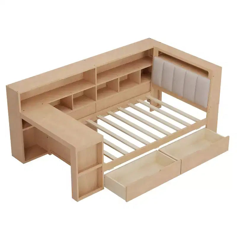 Lit de jour d'angle en forme de L, double/grand format, avec étagère de rangement, tiroirs, éclairage LED, bureau et tête de lit rembourrée - ModernLuxe