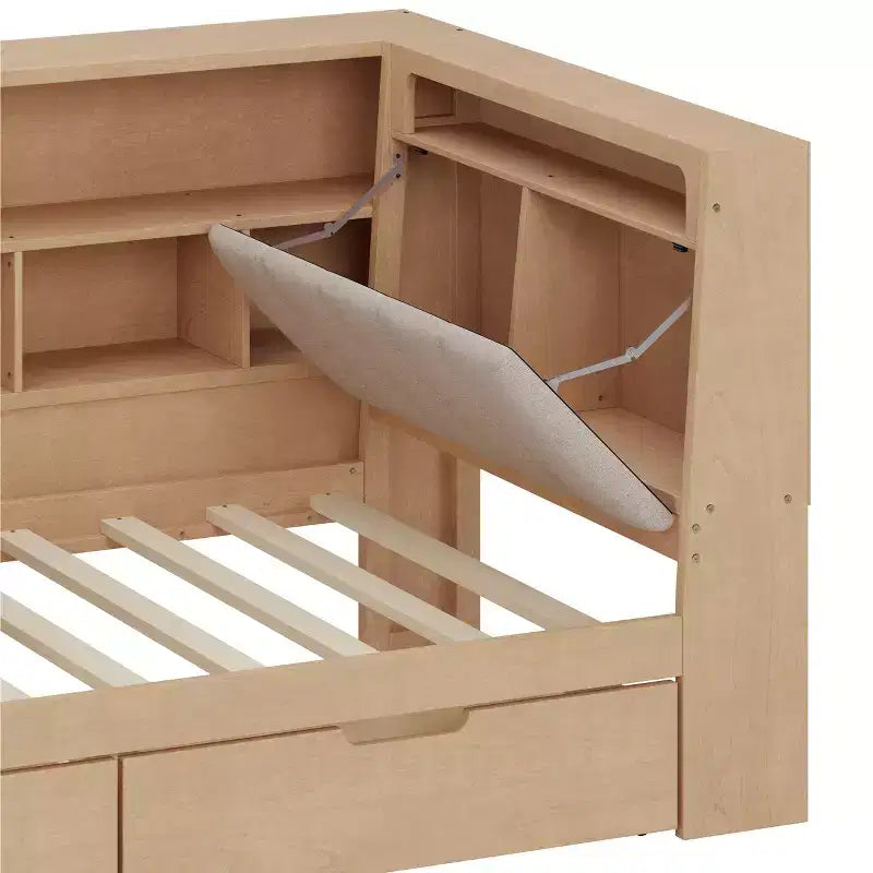 Lit de jour d'angle en forme de L, double/grand format, avec étagère de rangement, tiroirs, éclairage LED, bureau et tête de lit rembourrée - ModernLuxe