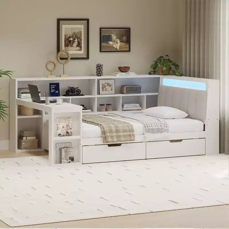 Lit de jour d'angle en forme de L, double/grand format, avec étagère de rangement, tiroirs, éclairage LED, bureau et tête de lit rembourrée - ModernLuxe