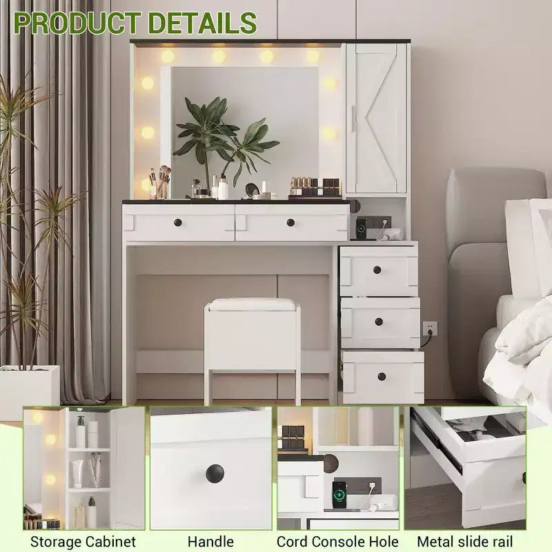 COZONY Coiffeuse de Maquillage avec Miroir et Tabouret, Ensemble Coiffeuse avec Tiroirs et Étagères de Rangement Cachées
