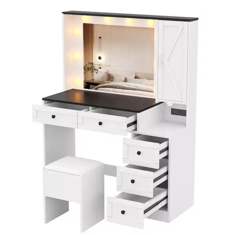 COZONY Coiffeuse de Maquillage avec Miroir et Tabouret, Ensemble Coiffeuse avec Tiroirs et Étagères de Rangement Cachées