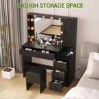 COZONY Coiffeuse de Maquillage avec Miroir et Tabouret, Ensemble Coiffeuse avec Tiroirs et Étagères de Rangement Cachées