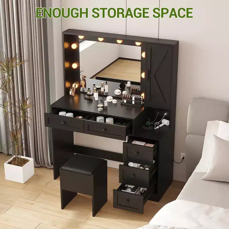 COZONY Coiffeuse de Maquillage avec Miroir et Tabouret, Ensemble Coiffeuse avec Tiroirs et Étagères de Rangement Cachées