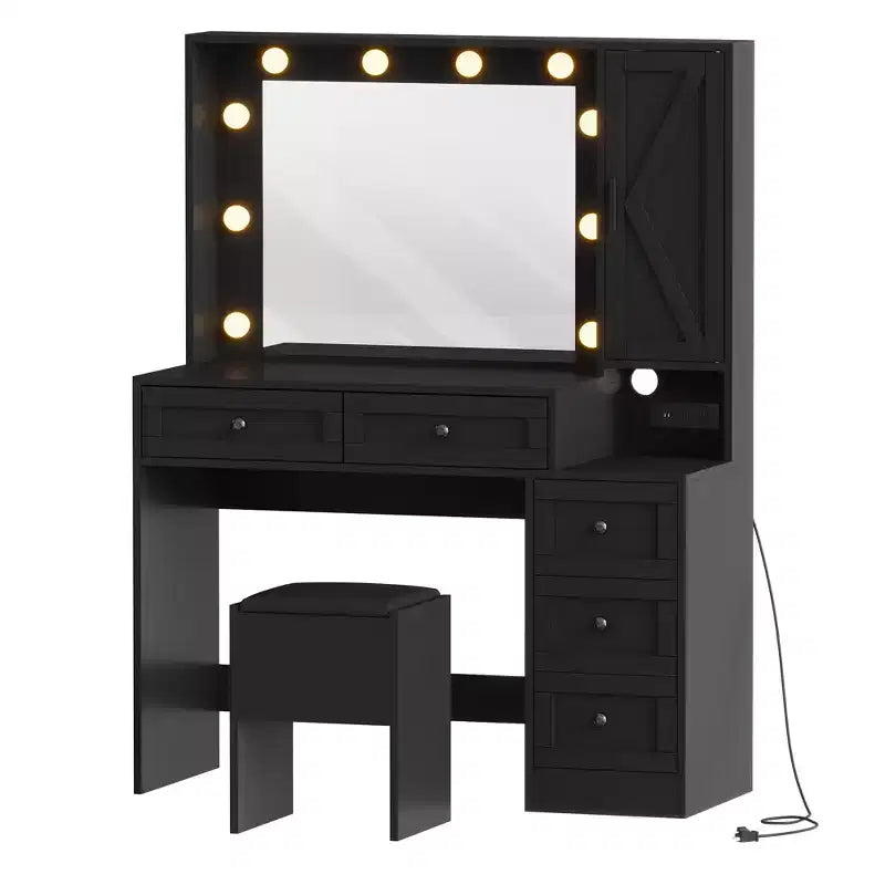 COZONY Coiffeuse de Maquillage avec Miroir et Tabouret, Ensemble Coiffeuse avec Tiroirs et Étagères de Rangement Cachées