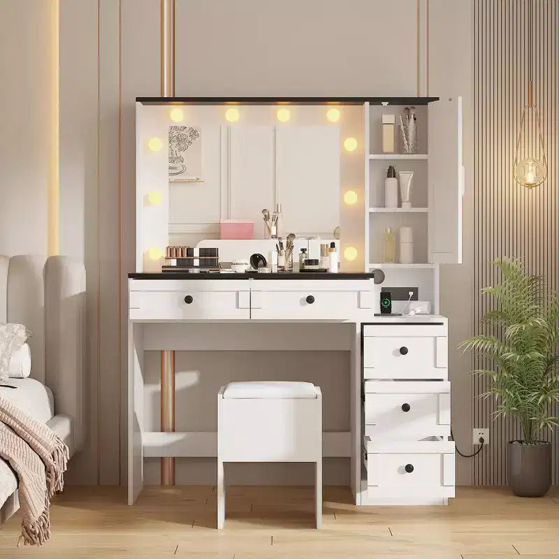 COZONY Coiffeuse de Maquillage avec Miroir et Tabouret, Ensemble Coiffeuse avec Tiroirs et Étagères de Rangement Cachées