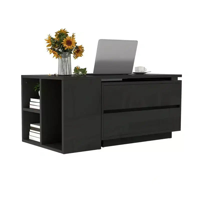Table Basse LED Extensible en Bois Convertible avec 4 Tiroirs de Rangement et Étagères Ouvertes pour Salon Noir