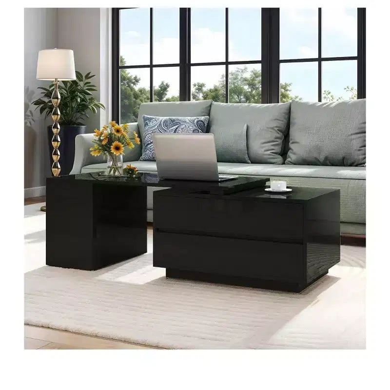 Table Basse LED Extensible en Bois Convertible avec 4 Tiroirs de Rangement et Étagères Ouvertes pour Salon Noir