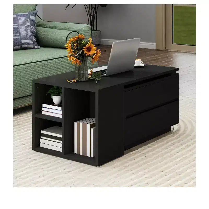 Table Basse LED Extensible en Bois Convertible avec 4 Tiroirs de Rangement et Étagères Ouvertes pour Salon Noir