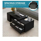 Table Basse LED Extensible en Bois Convertible avec 4 Tiroirs de Rangement et Étagères Ouvertes pour Salon Noir