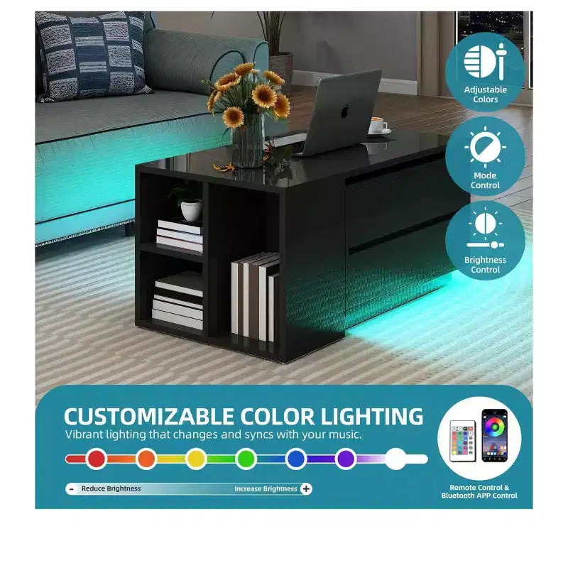 Table Basse LED Extensible en Bois Convertible avec 4 Tiroirs de Rangement et Étagères Ouvertes pour Salon Noir