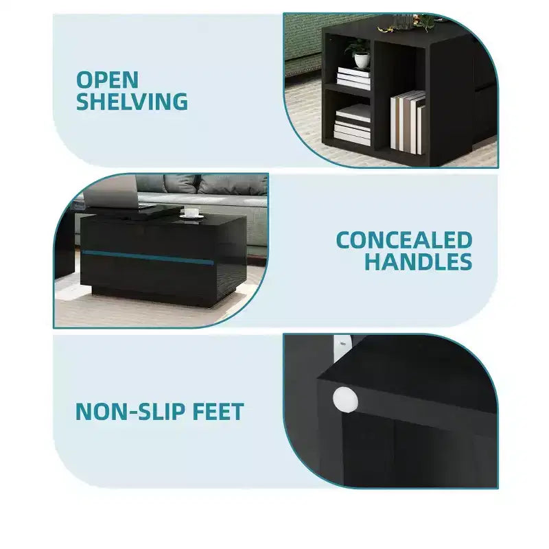 Table Basse LED Extensible en Bois Convertible avec 4 Tiroirs de Rangement et Étagères Ouvertes pour Salon Noir