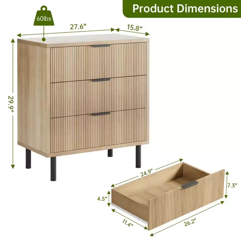 Commode à 3 tiroirs cannelés, chiffonnier de 71 cm de large avec dispositif anti-basculement, table de chevet haute en bois avec rangement et pieds en métal pour chambre, couloir