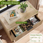 Commode à 3 tiroirs cannelés, chiffonnier de 71 cm de large avec dispositif anti-basculement, table de chevet haute en bois avec rangement et pieds en métal pour chambre, couloir