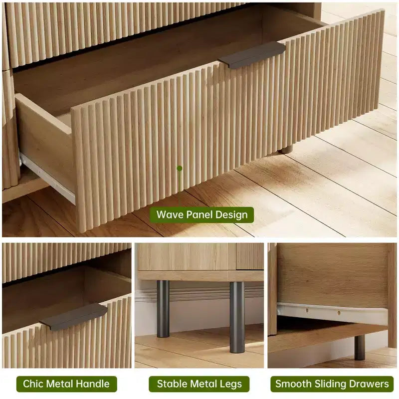 Commode à 3 tiroirs cannelés, chiffonnier de 71 cm de large avec dispositif anti-basculement, table de chevet haute en bois avec rangement et pieds en métal pour chambre, couloir