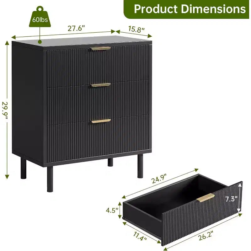 Commode à 3 tiroirs cannelés, chiffonnier de 71 cm de large avec dispositif anti-basculement, table de chevet haute en bois avec rangement et pieds en métal pour chambre, couloir