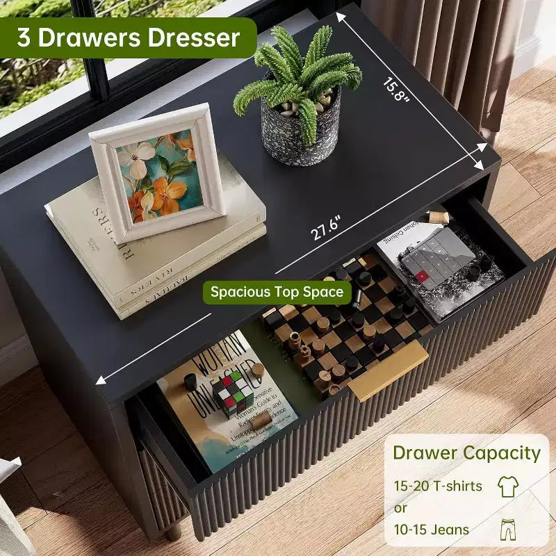 Commode à 3 tiroirs cannelés, chiffonnier de 71 cm de large avec dispositif anti-basculement, table de chevet haute en bois avec rangement et pieds en métal pour chambre, couloir