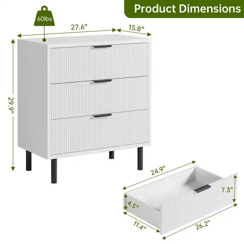 Commode à 3 tiroirs cannelés, chiffonnier de 71 cm de large avec dispositif anti-basculement, table de chevet haute en bois avec rangement et pieds en métal pour chambre, couloir