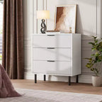 Commode à 3 tiroirs cannelés, chiffonnier de 71 cm de large avec dispositif anti-basculement, table de chevet haute en bois avec rangement et pieds en métal pour chambre, couloir