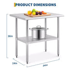Table de préparation en acier inoxydable 91,4 x 61 cm, Table de cuisine robuste avec étagère inférieure réglable, Table de travail alimentaire en acier inoxydable pour restaurants, hôtels
