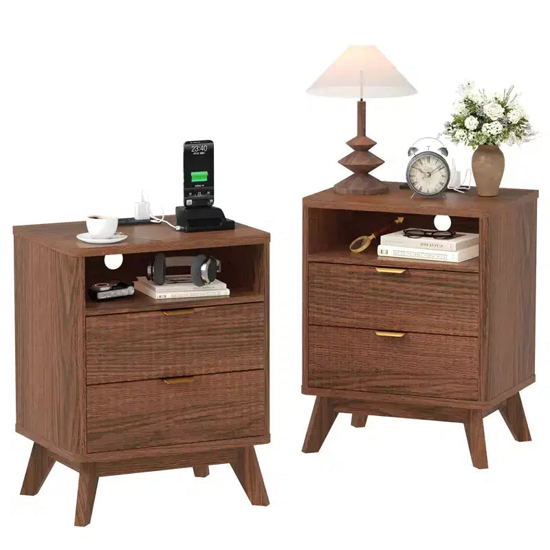 Table de chevet cannelée moderne CuisinSmart avec station de charge USB, classeurs à 2 tiroirs, tables d'appoint pour salon, chambre à coucher, bureau à domicile