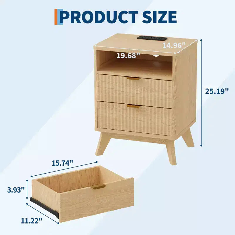 Table de chevet cannelée moderne CuisinSmart avec station de charge USB, classeurs à 2 tiroirs, tables d'appoint pour salon, chambre à coucher, bureau à domicile