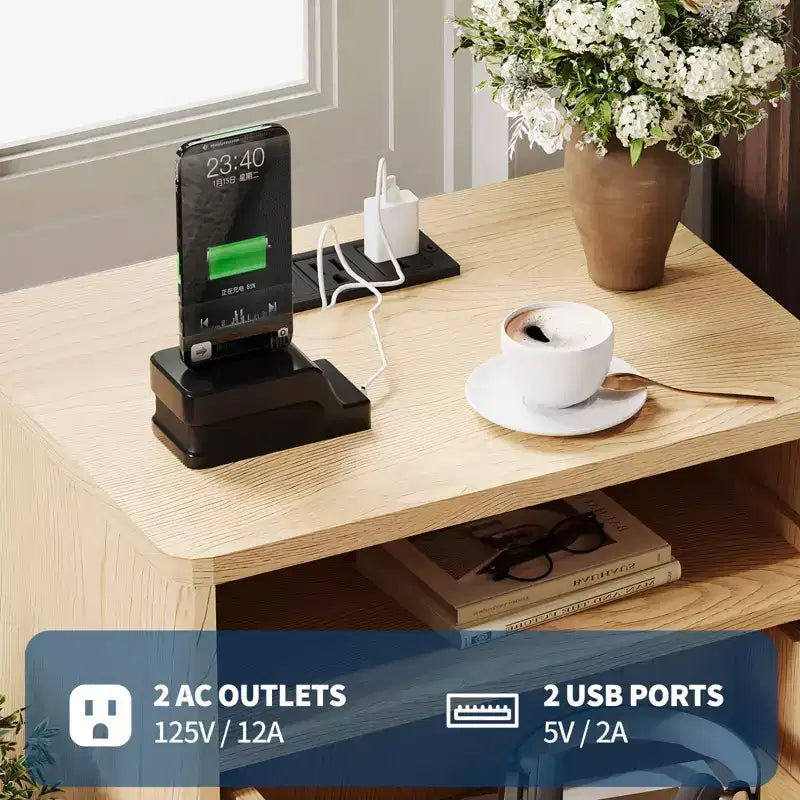 Table de chevet cannelée moderne CuisinSmart avec station de charge USB, classeurs à 2 tiroirs, tables d'appoint pour salon, chambre à coucher, bureau à domicile