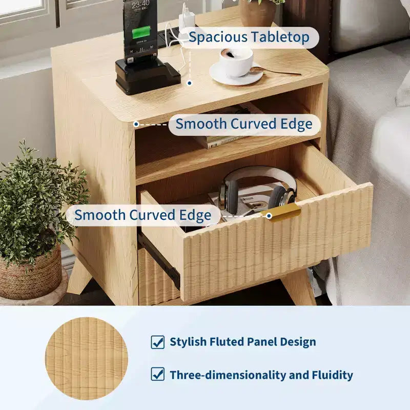 Table de chevet cannelée moderne CuisinSmart avec station de charge USB, classeurs à 2 tiroirs, tables d'appoint pour salon, chambre à coucher, bureau à domicile