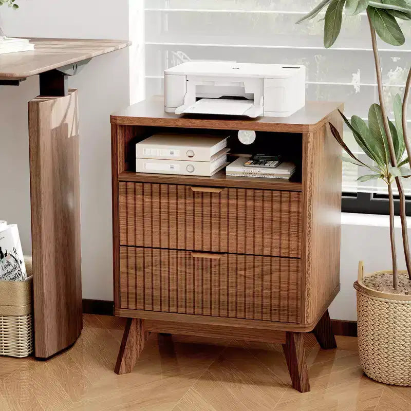 Table de chevet cannelée moderne CuisinSmart avec station de charge USB, classeurs à 2 tiroirs, tables d'appoint pour salon, chambre à coucher, bureau à domicile