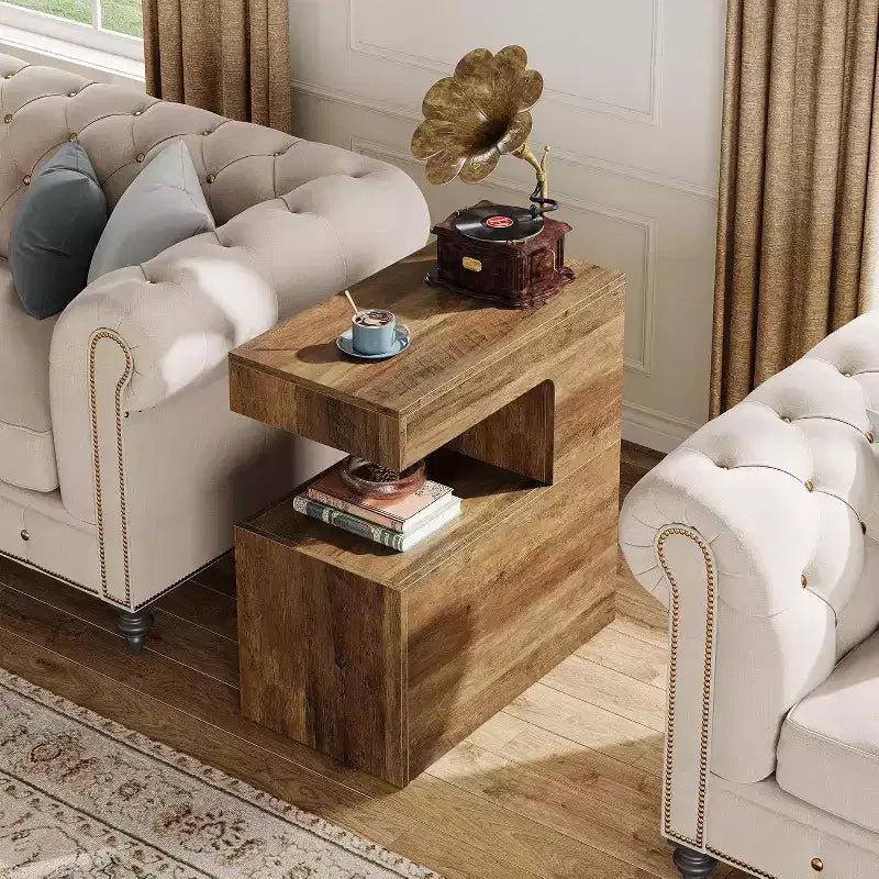 Table d'appoint Lantine en forme de C, 65 cm, avec étagère de rangement à 2 niveaux, table plateau TV de style ferme pour canapé, salon, chambre, marron