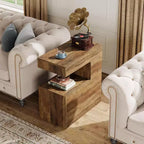 Table d'appoint Lantine en forme de C, 65 cm, avec étagère de rangement à 2 niveaux, table plateau TV de style ferme pour canapé, salon, chambre, marron
