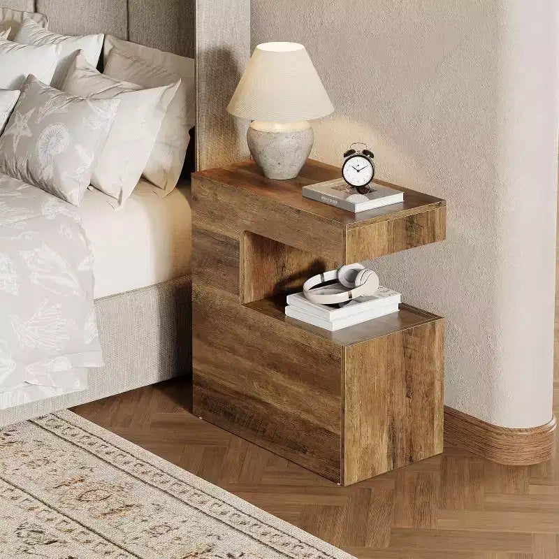 Table d'appoint Lantine en forme de C, 65 cm, avec étagère de rangement à 2 niveaux, table plateau TV de style ferme pour canapé, salon, chambre, marron