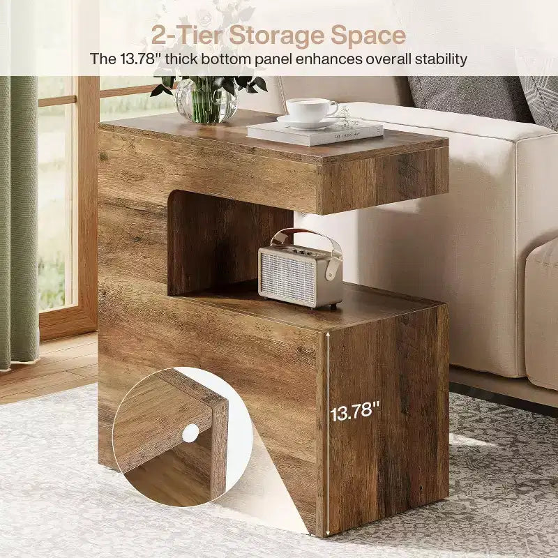 Table d'appoint Lantine en forme de C, 65 cm, avec étagère de rangement à 2 niveaux, table plateau TV de style ferme pour canapé, salon, chambre, marron