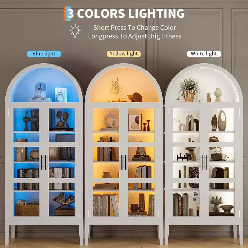 Meuble à vin arqué avec lumières LED - Buffet autoportant blanc avec portes vitrées pour cuisine, salle à manger