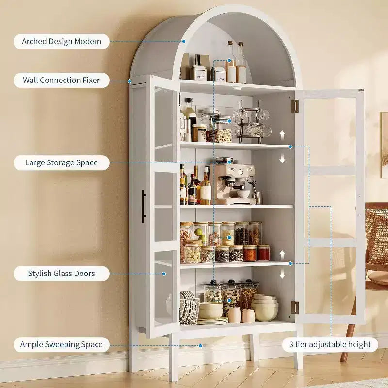 Meuble à vin arqué avec lumières LED - Buffet autoportant blanc avec portes vitrées pour cuisine, salle à manger
