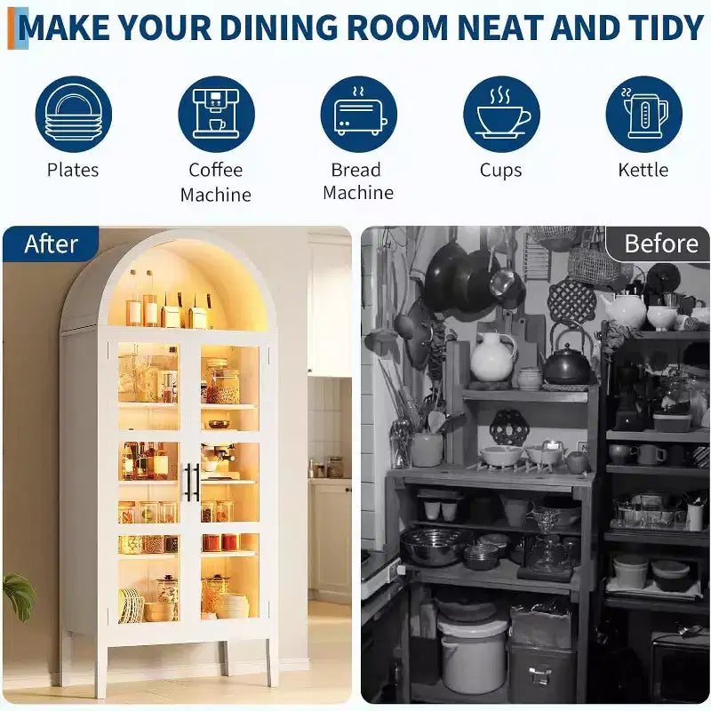Meuble à vin arqué avec lumières LED - Buffet autoportant blanc avec portes vitrées pour cuisine, salle à manger