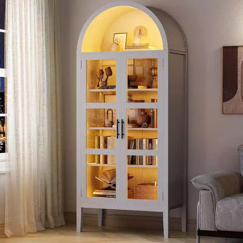 Meuble à vin arqué avec lumières LED - Buffet autoportant blanc avec portes vitrées pour cuisine, salle à manger
