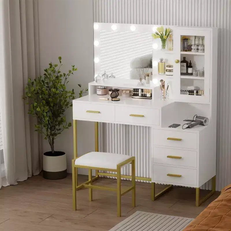 Coiffeuse GustoWave avec tabouret rembourré, coiffeuse avec miroir et lumières, ensemble coiffeuse avec rangement et 5 tiroirs