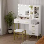 Coiffeuse GustoWave avec tabouret rembourré, coiffeuse avec miroir et lumières, ensemble coiffeuse avec rangement et 5 tiroirs