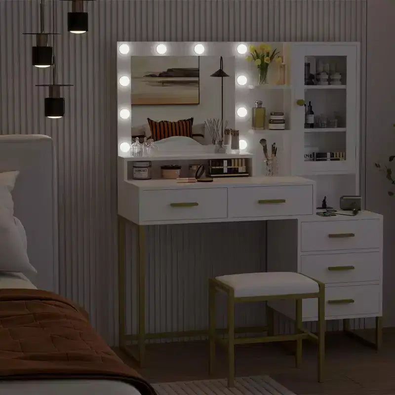 Coiffeuse GustoWave avec tabouret rembourré, coiffeuse avec miroir et lumières, ensemble coiffeuse avec rangement et 5 tiroirs