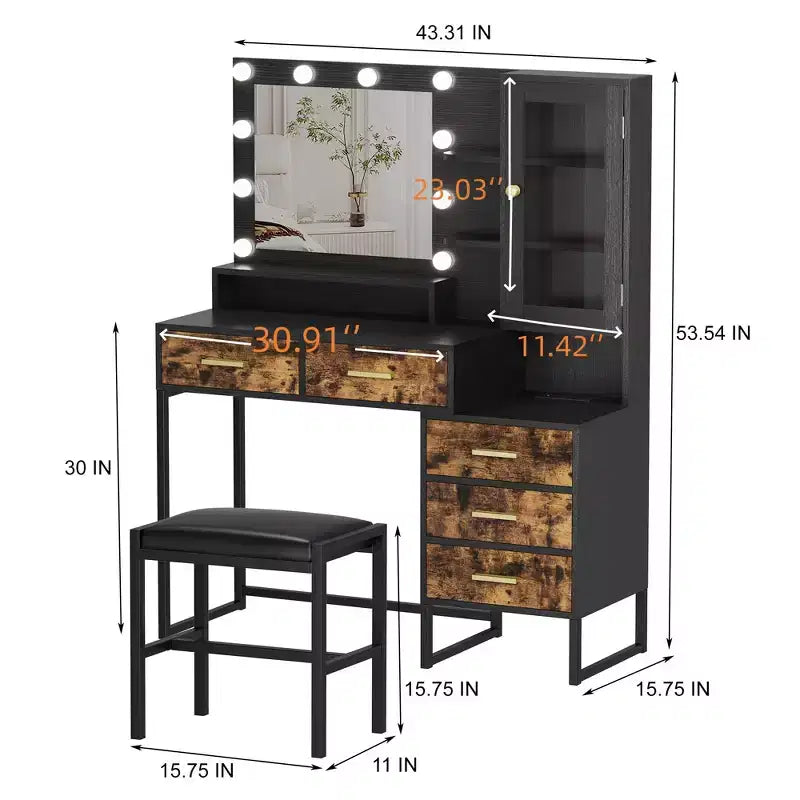 Coiffeuse GustoWave avec tabouret rembourré, coiffeuse avec miroir et lumières, ensemble coiffeuse avec rangement et 5 tiroirs