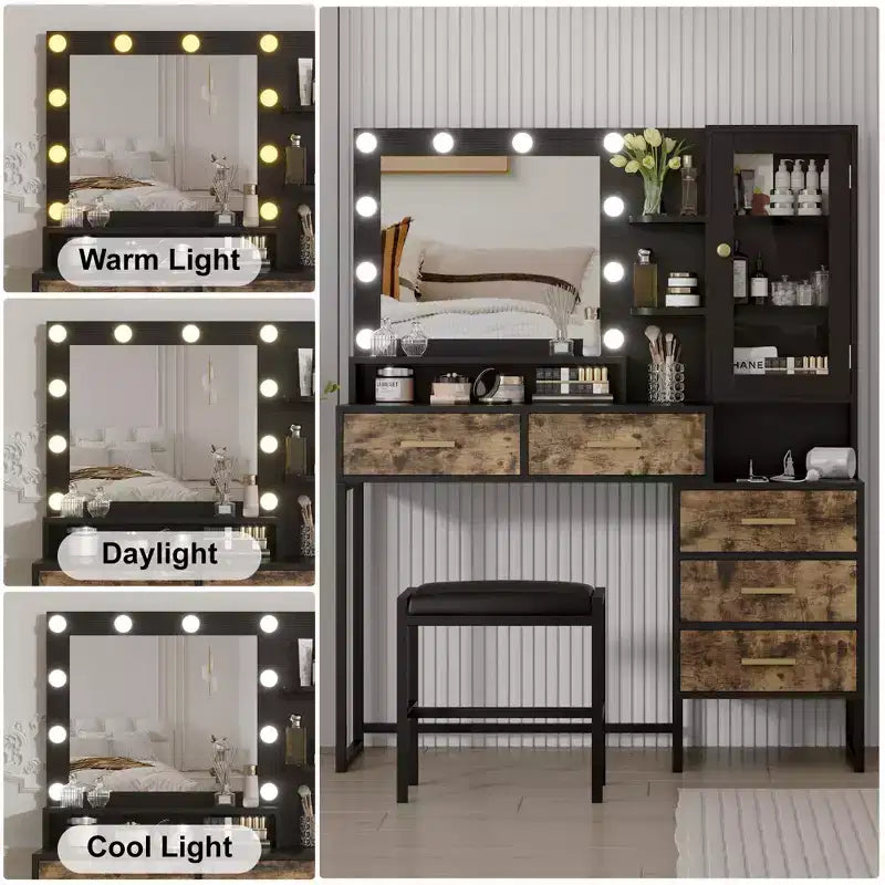 Coiffeuse GustoWave avec tabouret rembourré, coiffeuse avec miroir et lumières, ensemble coiffeuse avec rangement et 5 tiroirs