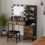 Coiffeuse GustoWave avec tabouret rembourré, coiffeuse avec miroir et lumières, ensemble coiffeuse avec rangement et 5 tiroirs