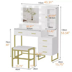 Coiffeuse GustoWave avec tabouret rembourré, coiffeuse avec miroir et lumières, ensemble coiffeuse avec rangement et 5 tiroirs