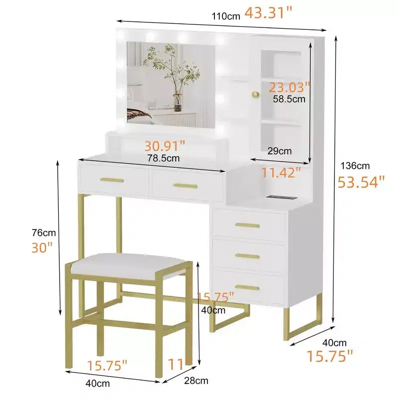 Coiffeuse GustoWave avec tabouret rembourré, coiffeuse avec miroir et lumières, ensemble coiffeuse avec rangement et 5 tiroirs