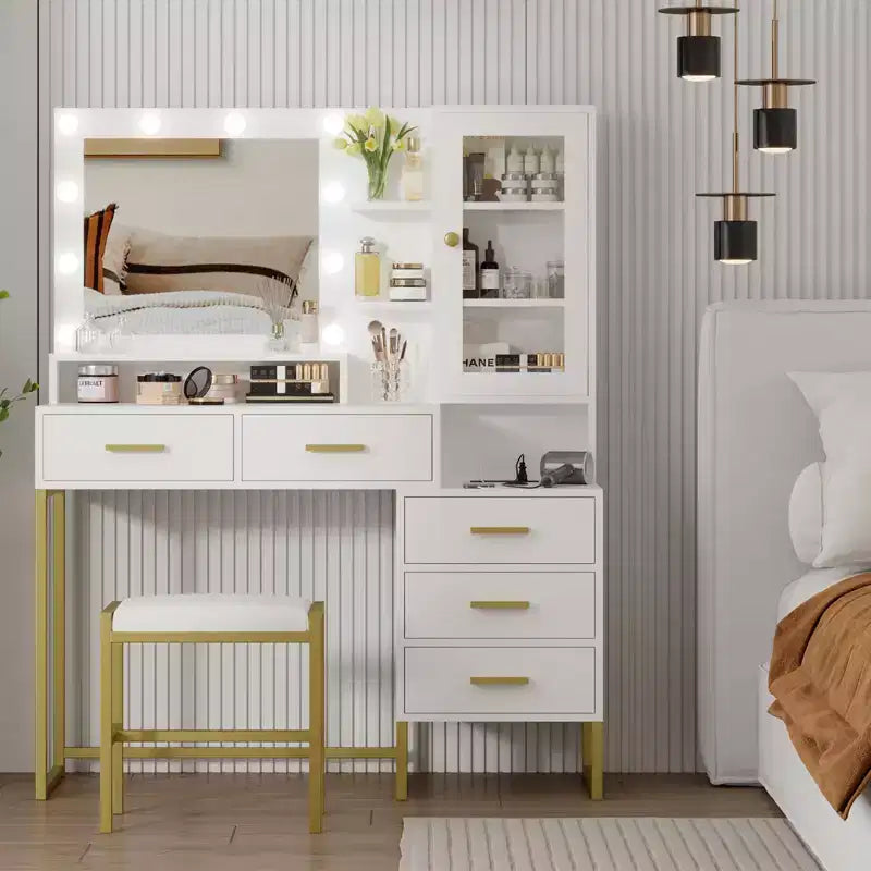Coiffeuse GustoWave avec tabouret rembourré, coiffeuse avec miroir et lumières, ensemble coiffeuse avec rangement et 5 tiroirs