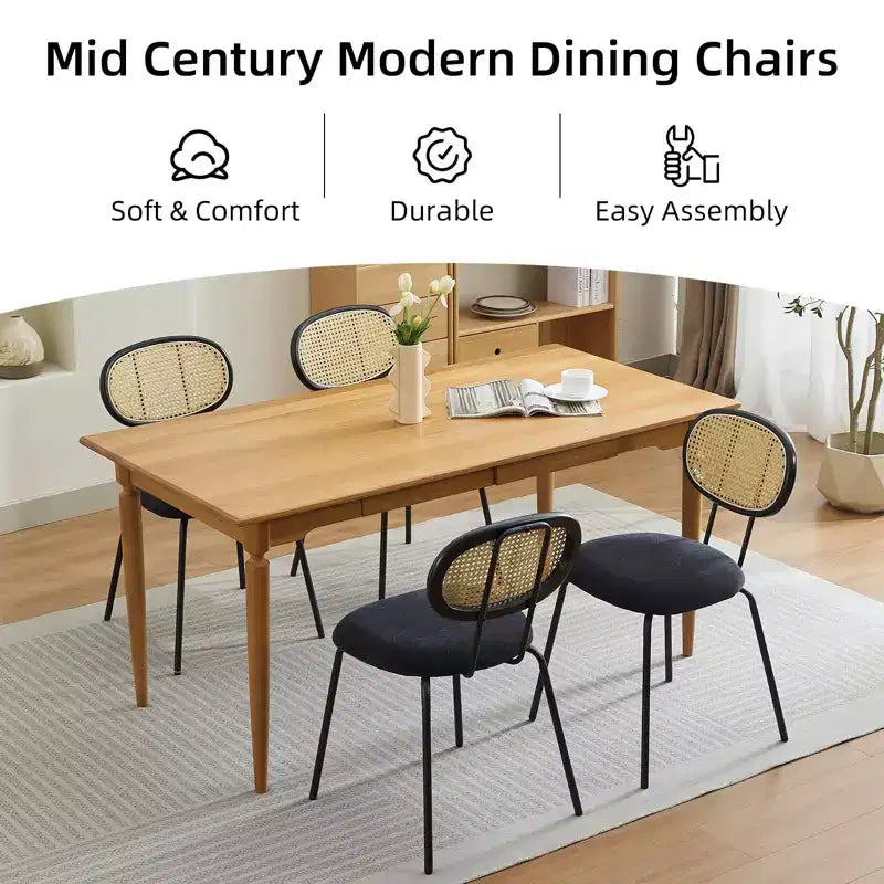 2 chaises de salle à manger en rotin avec pieds en métal et dossier en rotin pour salle à manger, cuisine, salon