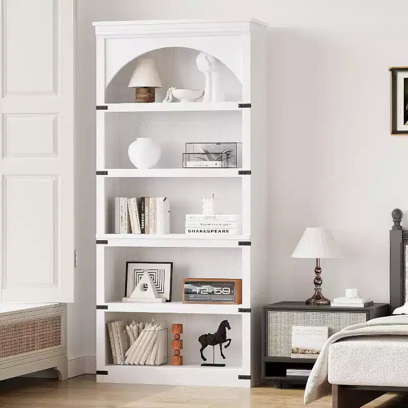 Étagère bibliothèque haute et arquée de 174,5 cm avec rangement, bibliothèque de ferme à 5 niveaux, étagères en bois pour bureau à domicile, salon